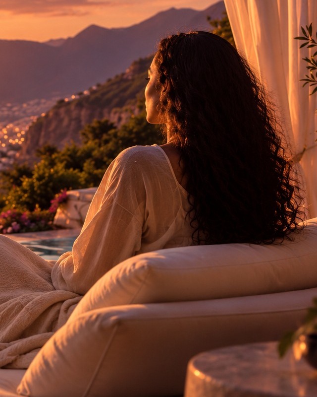 A woman relaxing on a terrace at sunset